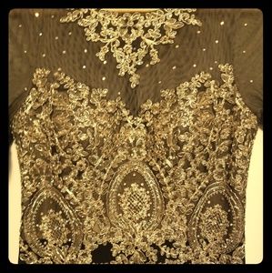 Avery G gold and black embellished evening gown